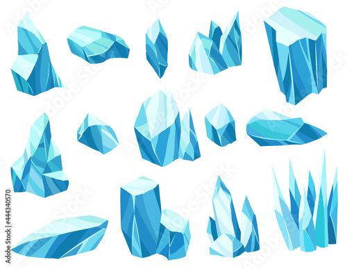 Collection of cartoon ice crystals. Cold frozen blocks or ice mountain, winter decoration for game design. Iceberg broken pieces of ice. Snowy elements on white background