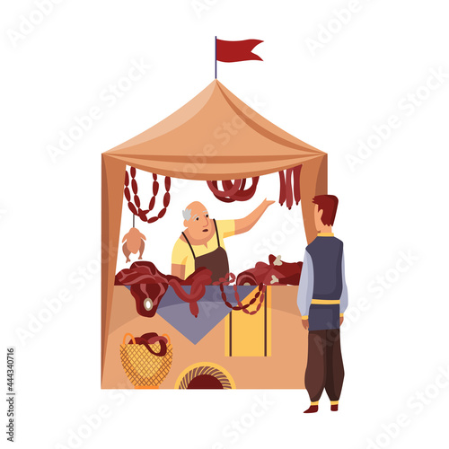Cartoon medieval fair. Middle ages or fairy tale fair market with characters standing in costumes. Sell various food products