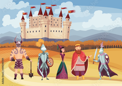 Medieval king and queen, knight in full armor, laydy and warrior on white background. Cartoon middle ages historic period. Medieval kingdom characters standing in costumes