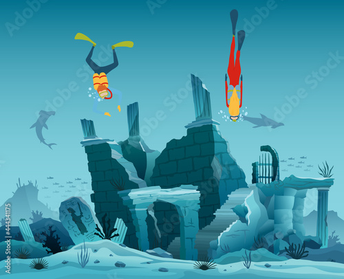 Underwater ruins of the old city. Diver explorers and reef underwater wildlife. Silhouette of coral reef with fish and scuba diver on a blue sea background. Underwater marine wildlife