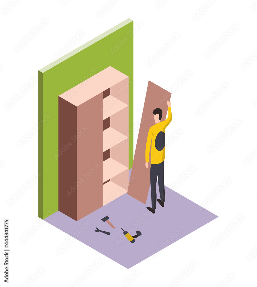 Isometric worker. Home repair isometric form with craftsman who mounts furniture. Professional people with equipment engaged in their professional activities Isometric worker. Home repair isometric form with craftsman who mounts furniture. Professional people with equipment engaged in their professional activities
