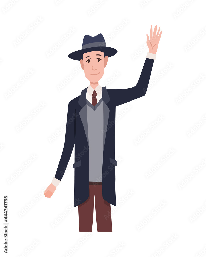 Greeting gesture of men waving his hand. Character in casual clothes say hello. Nation representative greets you with a smile on his face Greeting gesture of men waving his hand. Character in casual clothes say hello. Nation representative greets you with a smile on his face