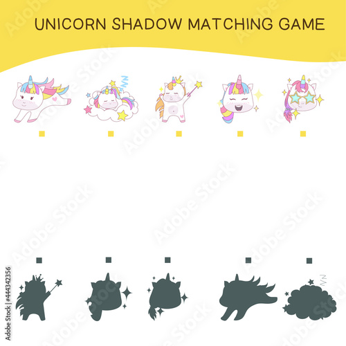Matching unicorn shadow game for children. Cute unicorn math worksheet. Vector illustration in cartoon style. Additional puzzles for kids. 