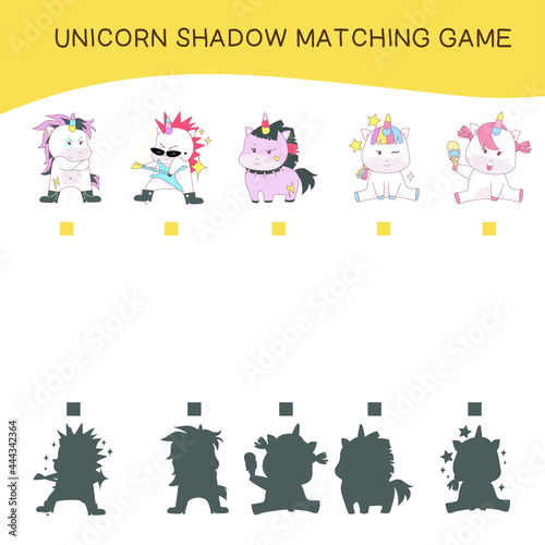 Matching unicorn shadow game for children. Cute unicorn math worksheet. Vector illustration in cartoon style. Additional puzzles for kids. 