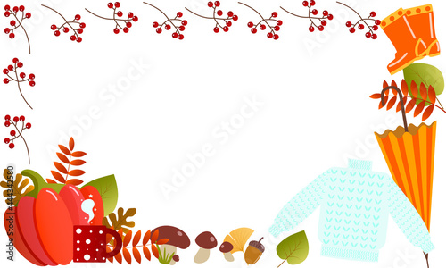 vector autumn leaves and berries and mushrooms, pumpkin, sweater and rain boots  red, orange, green, yellow and brown frame