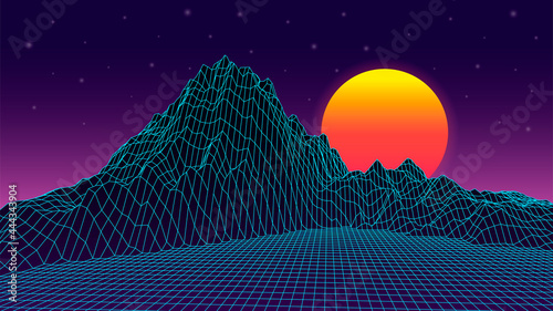 Wireframe landscape in pink purple background. 80s abstraction in retro style. Vector illustration.