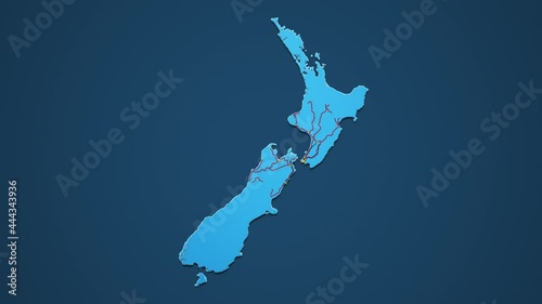Light blue map of New Zealand with cities, roads and railways on a dark blue background. 4K Animation with alpha channel