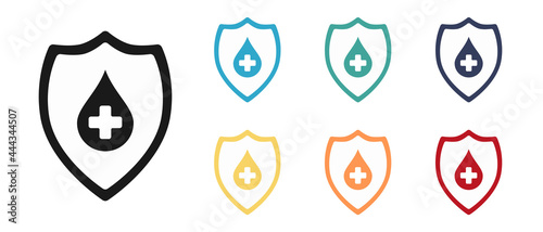 A drop with a cross on the background of the shield. Set of icons. Help and protection concept. Medicine. Vector illustration.