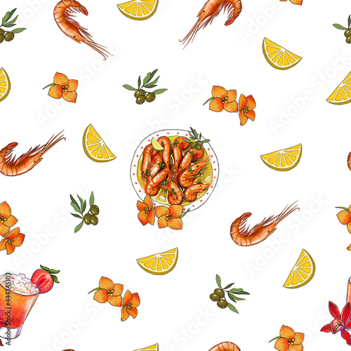 Summer seamless pattern Portuguese traditional food on orange background, photoshop, digital art