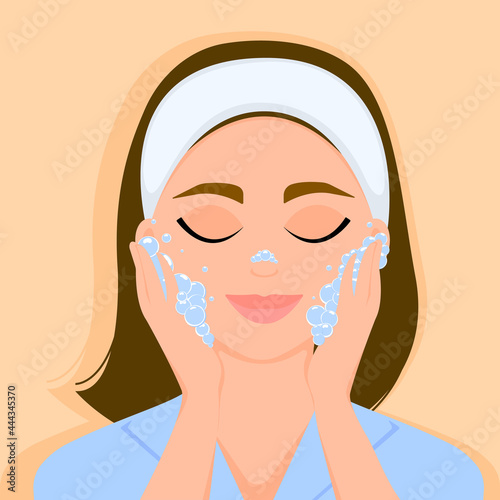 Beauty girl washes her face with soap. Vector illustration. 
