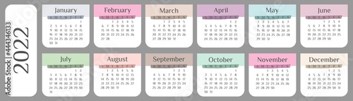 Vector illustration. Colorful calendar 2022 template. Week Starts on Sunday