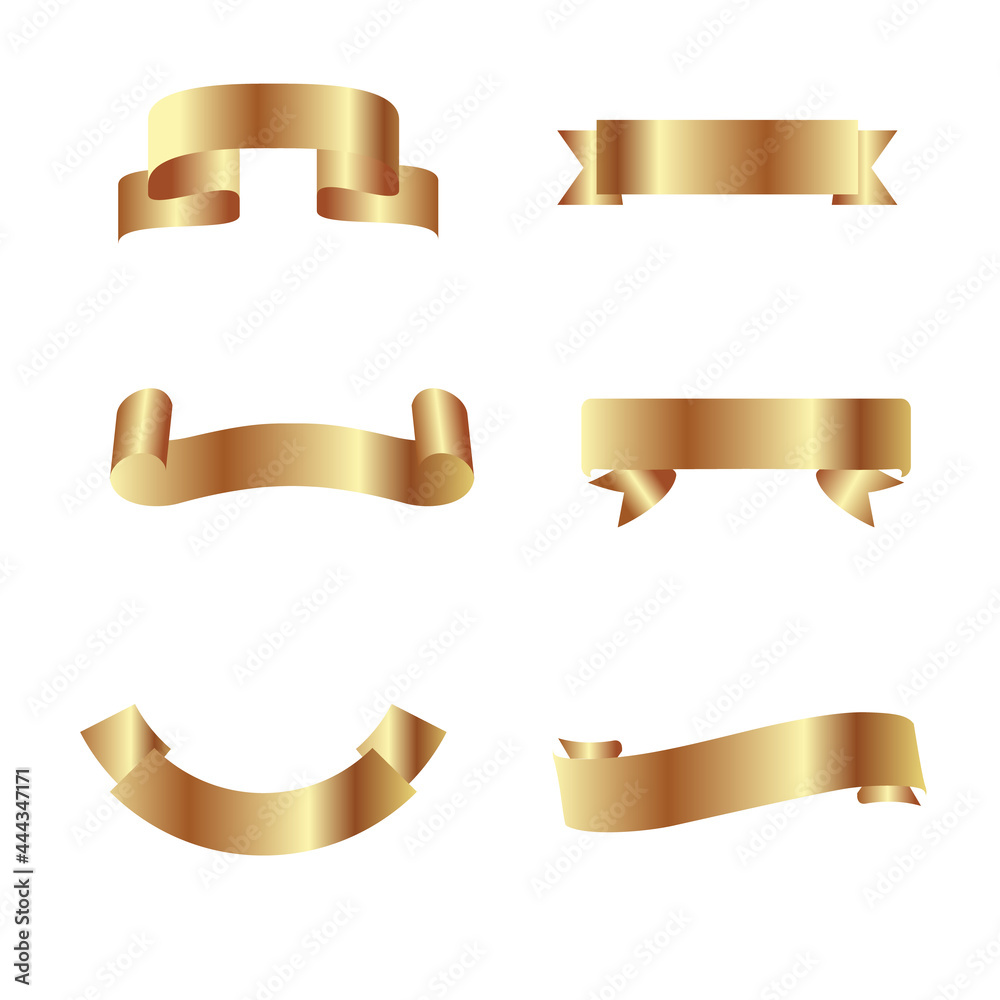 Golden banners with rounded, concave, pointed and double edges. Realistic 3d vector icons set isolated on white background.