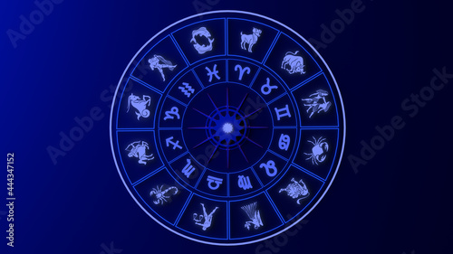Zodiac wheel with signs and drawings. 3D illustration. Astrology. Horoscope. photo