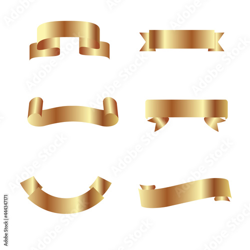 Golden banners with rounded, concave, pointed and double edges. Realistic 3d vector icons set isolated on white background.
