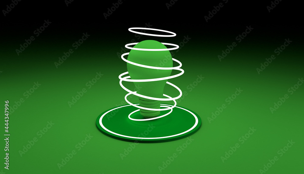 Green light bulb surrounded by rings of light. 3D illustration.