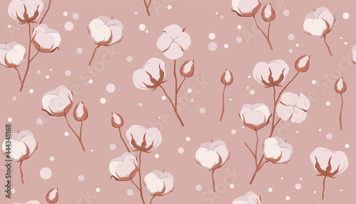 Seamless pattern with hand drawn cotton flowers on  pink background