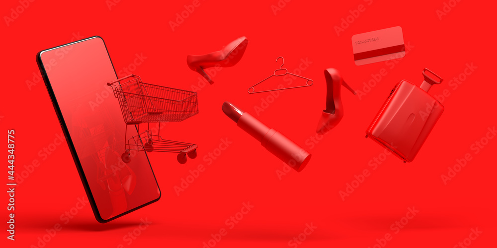 Obraz premium Online shopping concept with smartphone. Banner. Shopping cart, lipstick, high heel shoe, credit card ... 3D illustration.