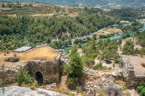 Tunnels and stairs of Alara Castle, which had the function to safeguard the caravans from holdup robberies that were stopping over at the last caravanserai Alarahan on the Silk Road, Antalya photo