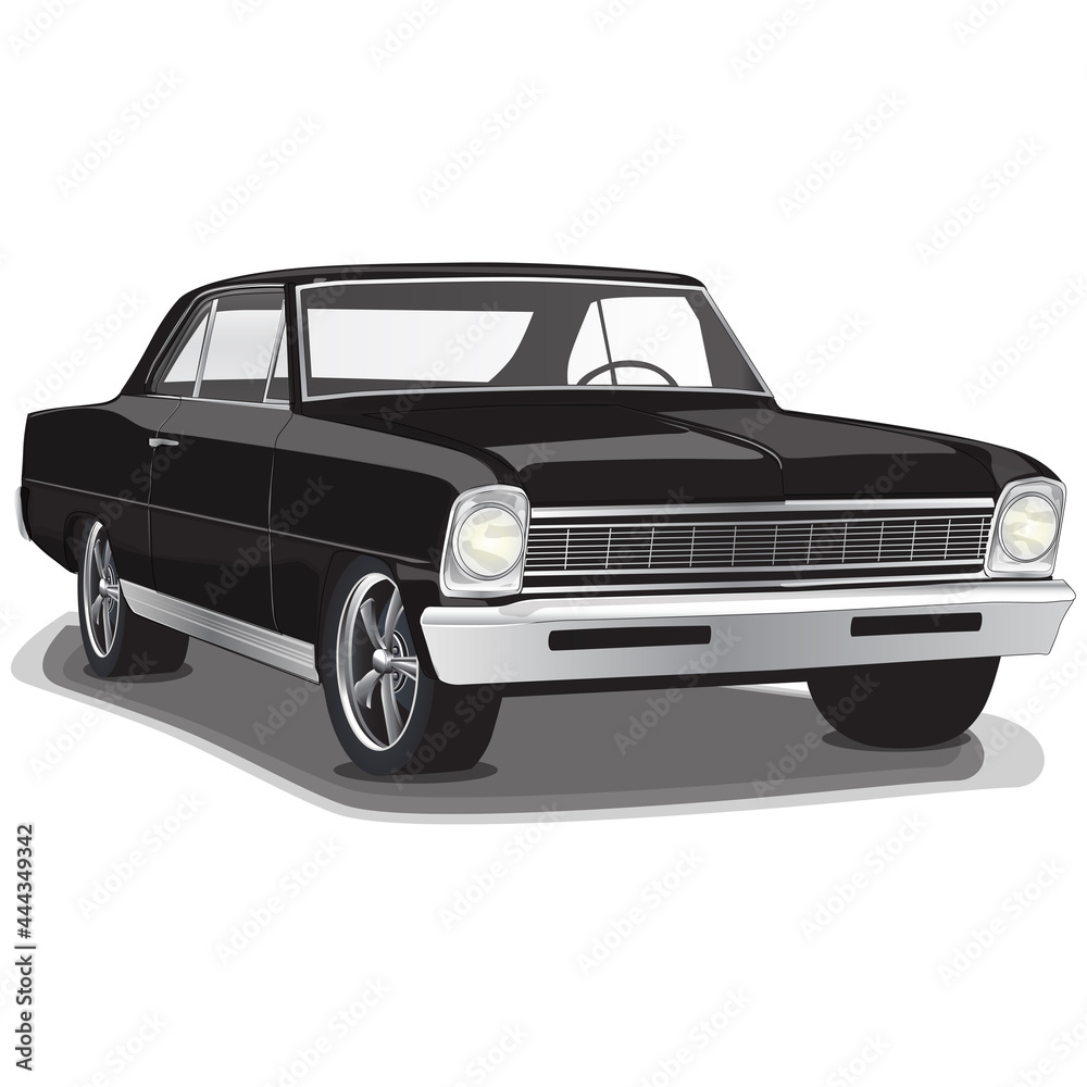 Black 1960s Vintage Classic Muscle Car Illustration