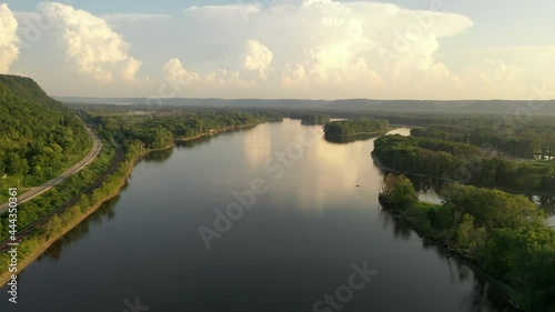 Aerial scenic view of Mississippi river, bluffs at sunset. Minnesota Wisconsin border 
