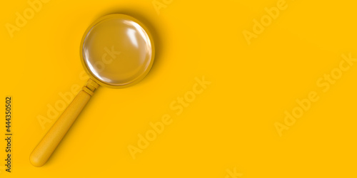 Magnifying glass on yellow background. 3d illustration. Banner.