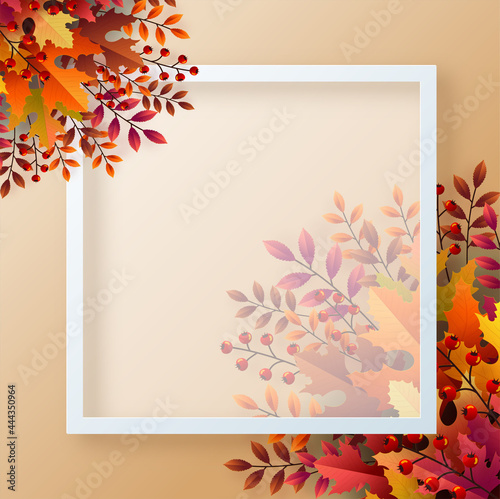 Autumn holiday seasonal background with colorful autumn leaves, mushrooms, owls, golden pods, squirrels, and elements paper cut craft style on color background.