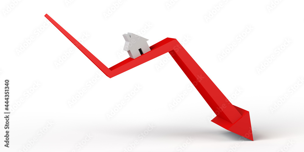 Real estate market falling. Down arrow in red with house. Banner. Background. 3d illustration. Real estate market falling. Down arrow in red with house. Banner. Background. 3d illustration.