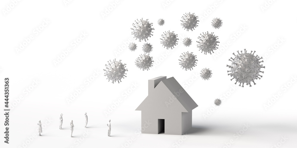 Fototapeta premium House surrounded by virus with people watching. Real estate threatened by viruses. 3d illustration.