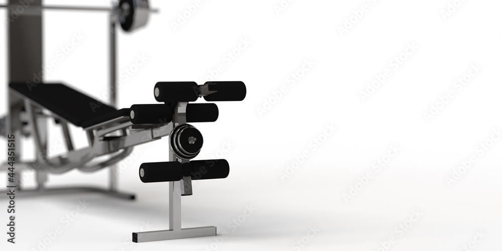 Fototapeta premium Background with machine for bodybuilding. port and fitness after work. Exercise in the gym. 3d illustration.