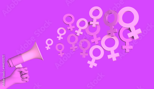 Banner with megaphone and female symbols. International Day for the Elimination of Violence against Women. Feminism. 3d illustration. International Women's Day. 8 March.