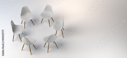 Chairs in a circle. Meeting. White background. Banner. 3d illustration.