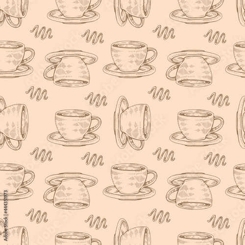 Detailed hand-drawn sketch coffee cups on the beige background.