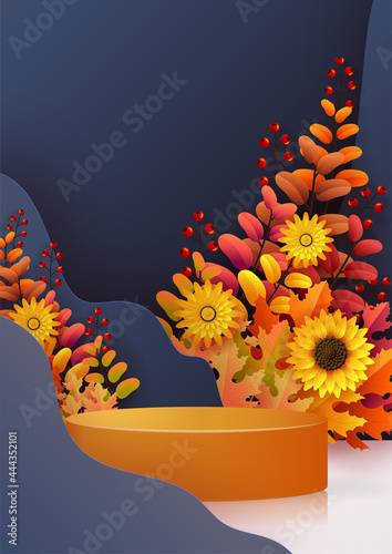 3d podium background products with geometric forms
autumn holiday seasonal background with colorful autumn leaves, mushrooms, owls, golden pods, squirrels, and elements paper cut craft style on color 