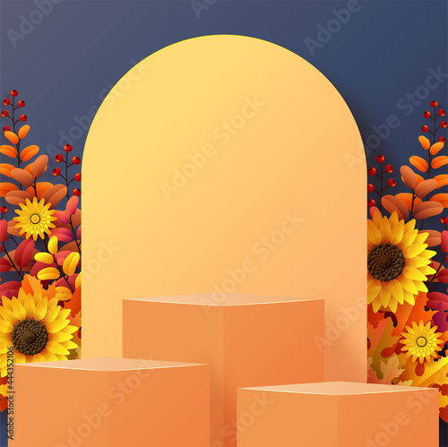 3d podium background products with geometric forms
autumn holiday seasonal background with colorful autumn leaves, mushrooms, owls, golden pods, squirrels, and elements paper cut craft style on color 