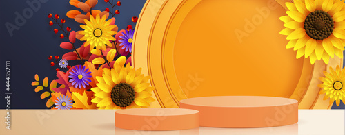 3d podium background products with geometric forms
autumn holiday seasonal background with colorful autumn leaves, mushrooms, owls, golden pods, squirrels, and elements paper cut craft style on color 