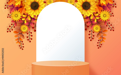 3d podium background products with geometric forms
autumn holiday seasonal background with colorful autumn leaves, mushrooms, owls, golden pods, squirrels, and elements paper cut craft style on color 