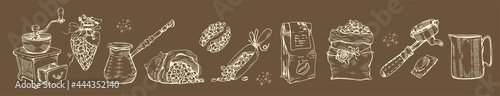 List of coffee tolls and equipment. Roasted beans.