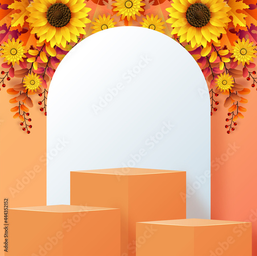 3d podium background products with geometric forms
autumn holiday seasonal background with colorful autumn leaves, mushrooms, owls, golden pods, squirrels, and elements paper cut craft style on color 