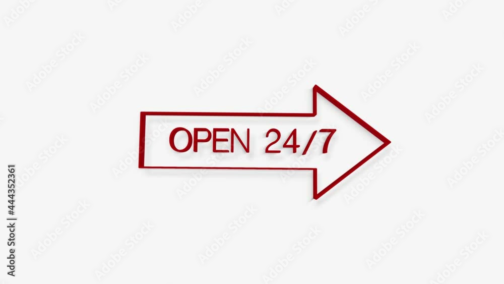 Open 24 7 signs with red arrow shows business open and support available. 4k Open 24 7 signs with red arrow shows business open and support available. 4k