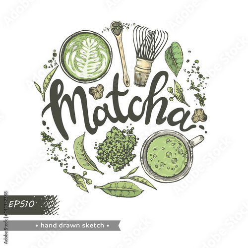 Hand-drawn sketch different matcha tools and drinks.