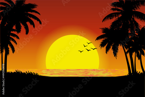 vector illustration of a tropical beach sunset view