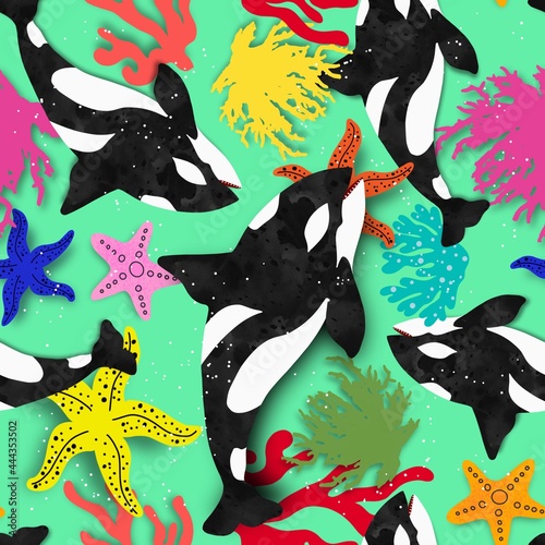 Abstract Hand Drawing Whales Starfishes and Corals Seamless Sea Concept Pattern Isolated Background