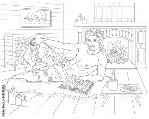 Young sexy man in an interior with candles - romantic coloring. Handsome guy is reading a book on the carpet near the fireplace - vector linear coloring antistress. A man in a cozy interior.