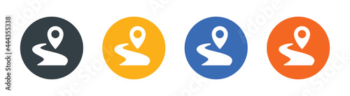 Route vector icon. Road with a location sign on button design.