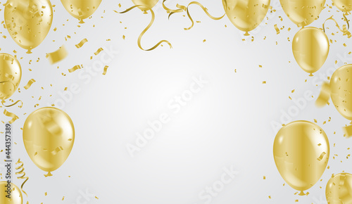 Gold balloons, Festive confetti and streamers on background. Vector illustration