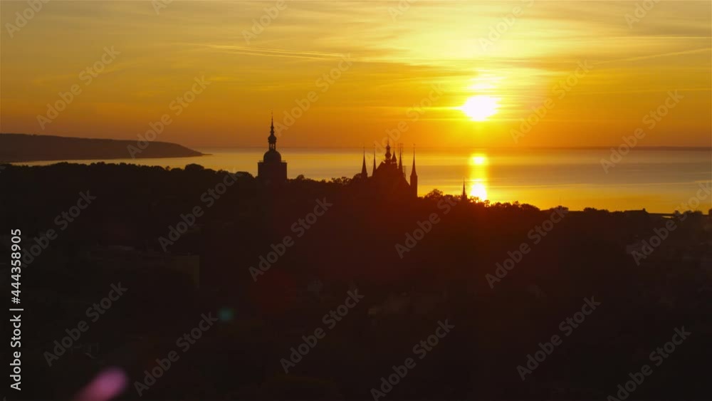 Aerial view of old town with market square of Frombork, Poland. Sunset sky Aerial view of old town with market square of Frombork, Poland. Sunset sky