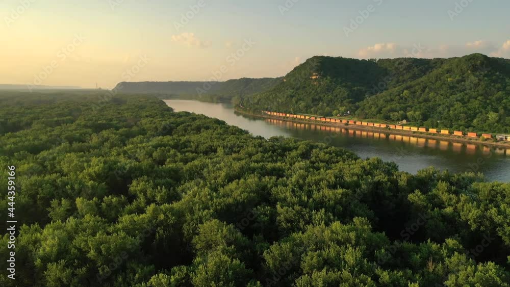 Aerial scenic view of Mississippi river, bluffs at sunset. Minnesota Wisconsin border 