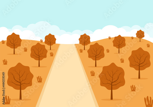 Autumn Background Landing Page Illustration Falling Leaves and Leaf Flying on the Grass. Landscape Trees With Yellow Foliage In Fall Season