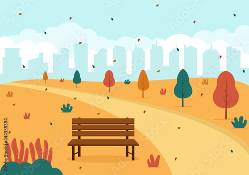 Fototapeta Naklejka Na Ścianę i Meble -  Autumn Background Landing Page Illustration Falling Leaves and Leaf Flying on the Grass. Landscape Trees With Yellow Foliage In Fall Season