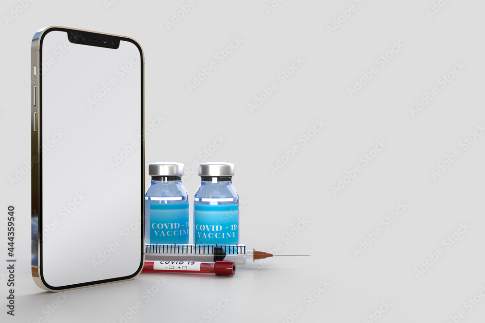 Smart phone with Medical tools and COVID-19 Vaccines. Banner mockup template for hospital, clinic, medical business concept. 3D rendering Smart phone with Medical tools and COVID-19 Vaccines. Banner mockup template for hospital, clinic, medical business concept. 3D rendering